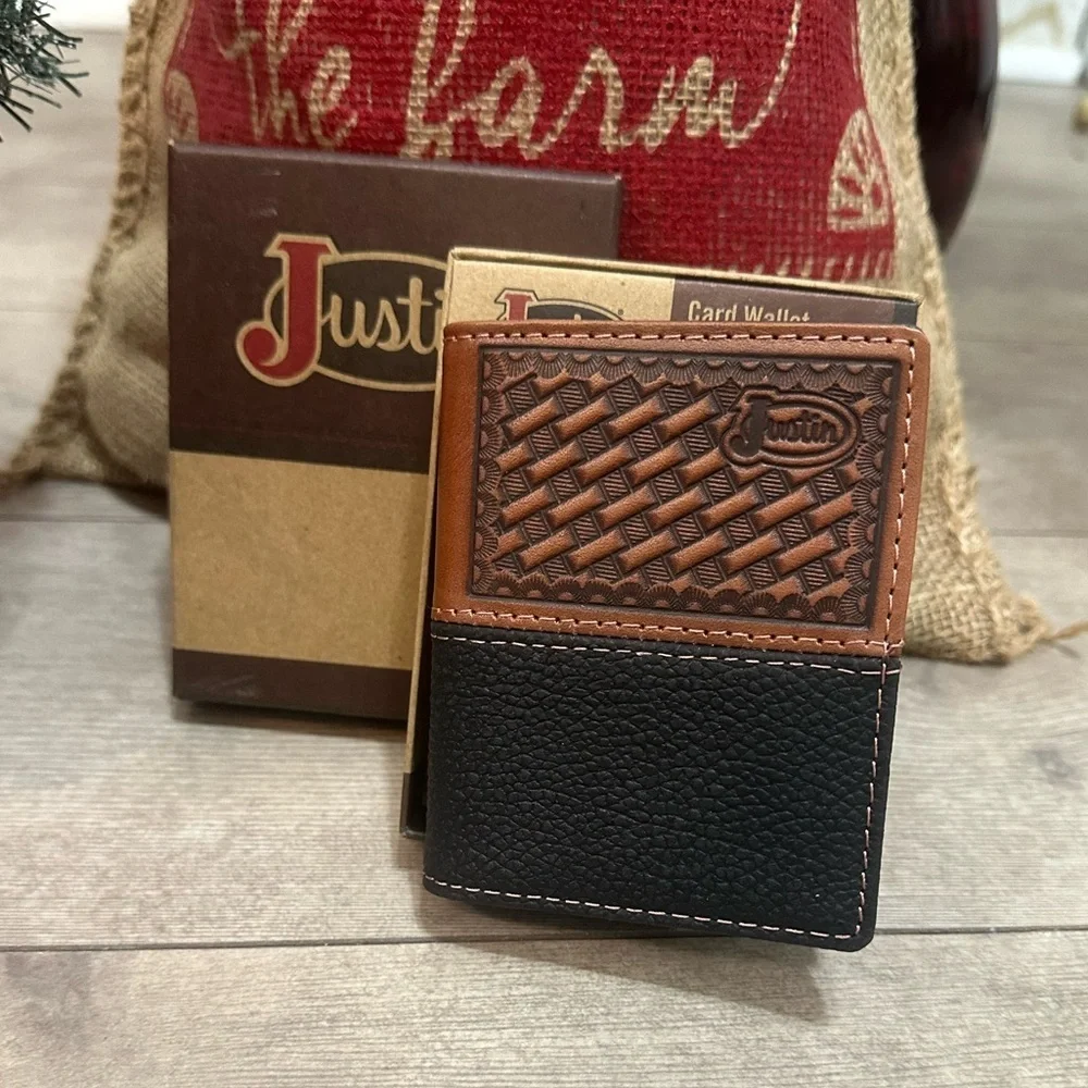 New Justin Boots Mens Leather Wallet Bi Fold Basketweave Card Wallet Brown Black